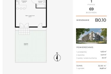 Rzut - Mieszkanie na sprzedaż 1 pokój o powierzchni 32,93 m² - numer B0.10 w Enklawa Bukowa II
