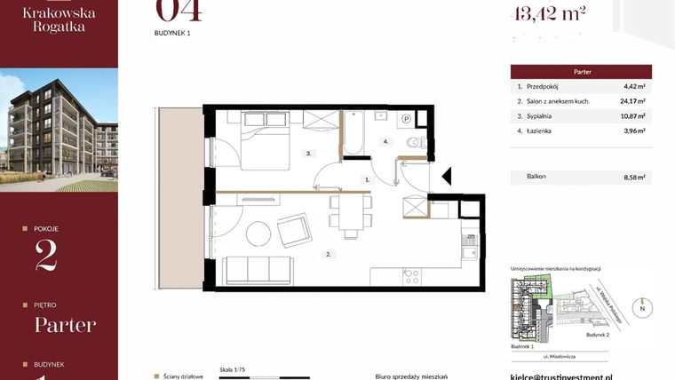 Rzut - Mieszkanie na sprzedaż 2 pokoje o powierzchni 43,42 m² - numer 1.M4 w Krakowska Rogatka