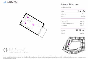 Rzut - Mieszkanie na sprzedaż 1 pokój o powierzchni 27,32 m² - numer 1.A.1.04 w Murapol Portovo etap II