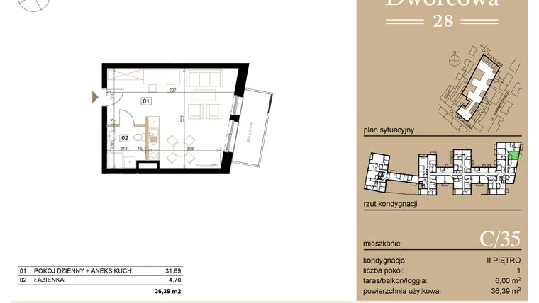 Rzut - Mieszkanie na sprzedaż 1 pokój o powierzchni 36,61 m² - numer C35 w Dworcowa 28