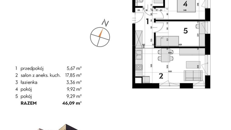 Rzut - Mieszkanie na sprzedaż 3 pokoje o powierzchni 46,09 m² - numer OK-09 w OKI DOKI