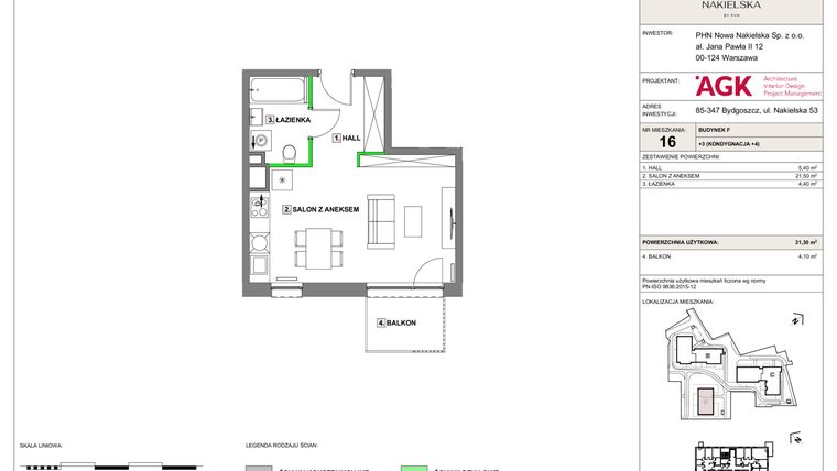 Rzut - Mieszkanie na sprzedaż 1 pokój o powierzchni 31,3 m² - numer NN-F-LM-16 w Nowa Nakielska by PHN