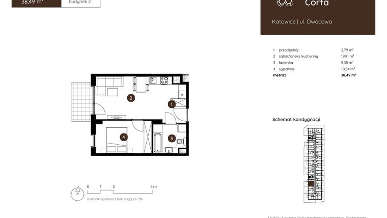 Rzut - Mieszkanie na sprzedaż 2 pokoje o powierzchni 38,49 m² - numer 2.B.0.12 w Murapol Corfa