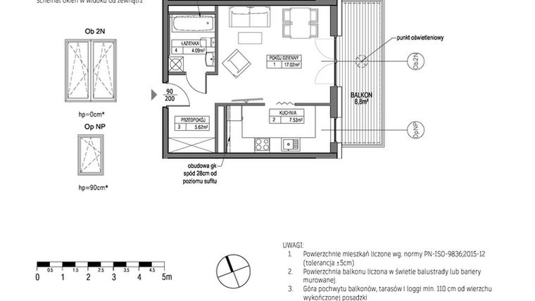 Rzut - Mieszkanie na sprzedaż 1 pokój o powierzchni 34,27 m² - numer H.1.5.4 w City Park bud. G i H