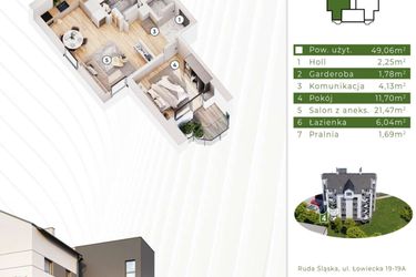 Rzut - Mieszkanie na sprzedaż 2 pokoje o powierzchni 49,06 m² - numer 21.M4 w Osiedle Leśny Zakątek