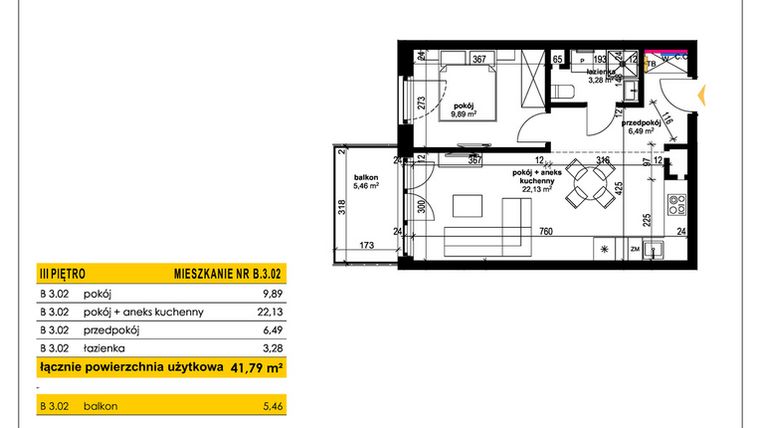Rzut - Mieszkanie na sprzedaż 2 pokoje o powierzchni 41,78 m² - numer B 3.02 w Park Moniuszki II C