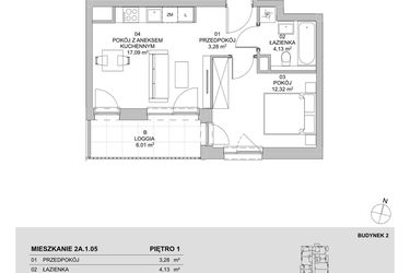 Rzut - Mieszkanie na sprzedaż 2 pokoje o powierzchni 36,82 m² - numer 2A.1.05 w Francuska Park VIIIA