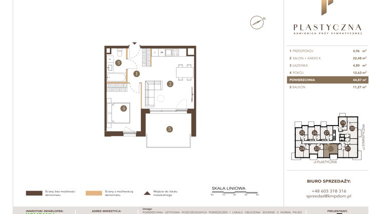 Rzut - Mieszkanie na sprzedaż 2 pokoje o powierzchni 44,87 m² - numer PK-LM-22 w Plastyczna Kamienica przy Sympatycznej