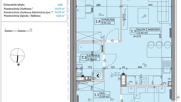 Rzut - Mieszkanie na sprzedaż 3 pokoje o powierzchni 54,95 m² - numer 68B w Osiedle Młodych etap X