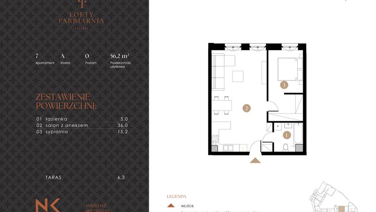 Rzut - Mieszkanie na sprzedaż 2 pokoje o powierzchni 56,2 m² - numer 7 w Lofty Farbiarnia