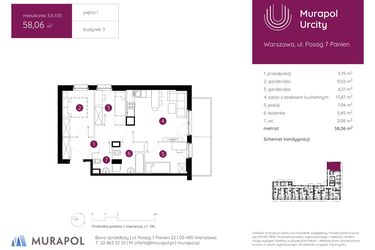 Rzut - Mieszkanie na sprzedaż 2 pokoje o powierzchni 58,06 m² - numer 3.A.1.05 w Murapol Urcity