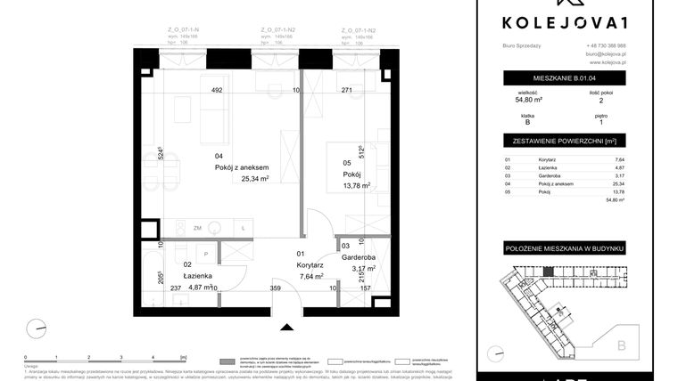 Rzut - Mieszkanie na sprzedaż 2 pokoje o powierzchni 54,8 m² - numer B-01-04 w Kolejova 1