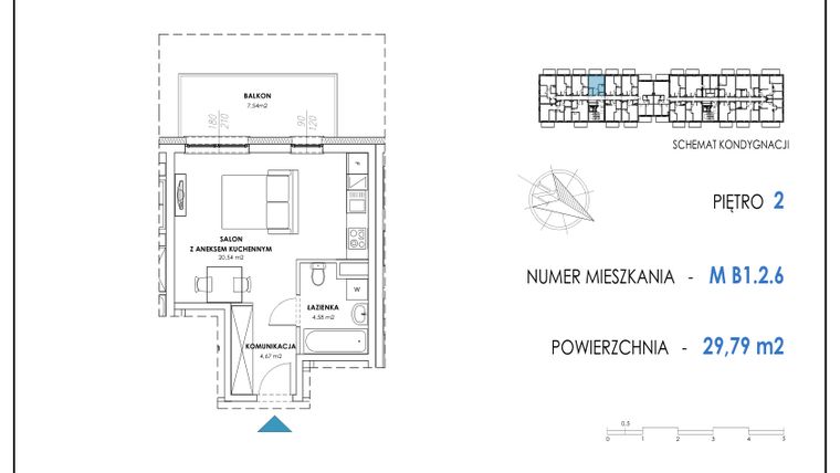 Rzut - Mieszkanie na sprzedaż 1 pokój o powierzchni 29,79 m² - numer B1.2.6 w Apartamenty Nowe Miasto
