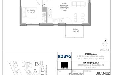 Rzut - Mieszkanie na sprzedaż 2 pokoje o powierzchni 46,88 m² - numer B8.1M02 w ROSA Residence etap II