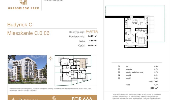 Rzut - Mieszkanie na sprzedaż 3 pokoje o powierzchni 54,27 m² - numer C.0.06 w Grabskiego Park