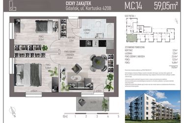 Rzut - Mieszkanie na sprzedaż 3 pokoje o powierzchni 59,05 m² - numer M.C.14 w Cichy Zakątek