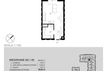 Rzut - Mieszkanie na sprzedaż 1 pokój o powierzchni 28,69 m² - numer M2.1.95 w Modern Helenów