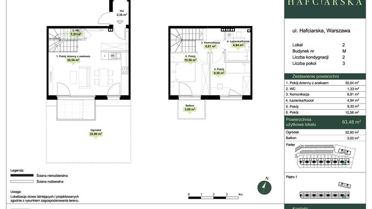 Rzut - Dom na sprzedaż 3 pokoje o powierzchni 63,48 m² - numer M2 w Hafciarska