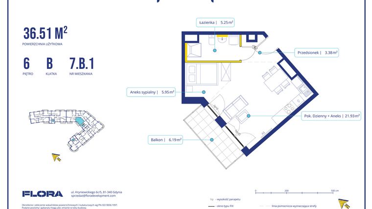 Rzut - Mieszkanie na sprzedaż 1 pokój o powierzchni 36,51 m² - numer 7.B.1 w Piotra 4