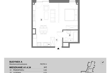 Rzut - Mieszkanie na sprzedaż 1 pokój o powierzchni 43,39 m² - numer A1.4.34 w ATAL Grabiszyn