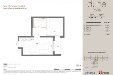 Rzut - Mieszkanie na sprzedaż 2 pokoje o powierzchni 37,91 m² - numer A 01.13 w DUNE Park