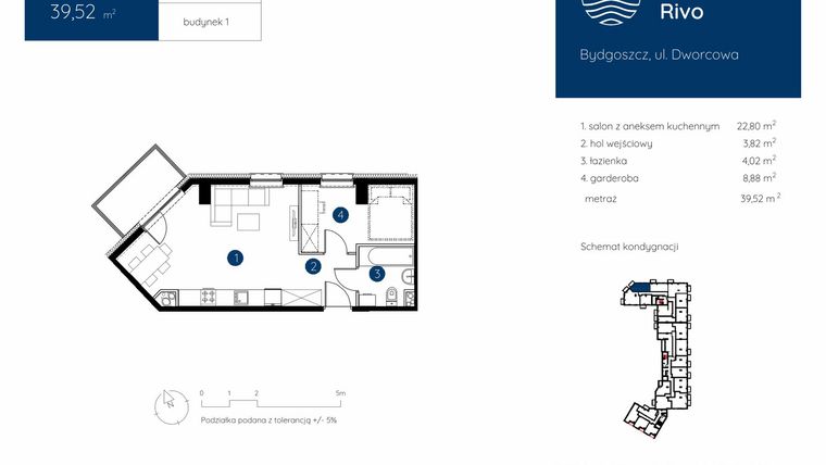 Rzut - Mieszkanie na sprzedaż 1 pokój o powierzchni 39,52 m² - numer 1.C.2.03 w Murapol Rivo