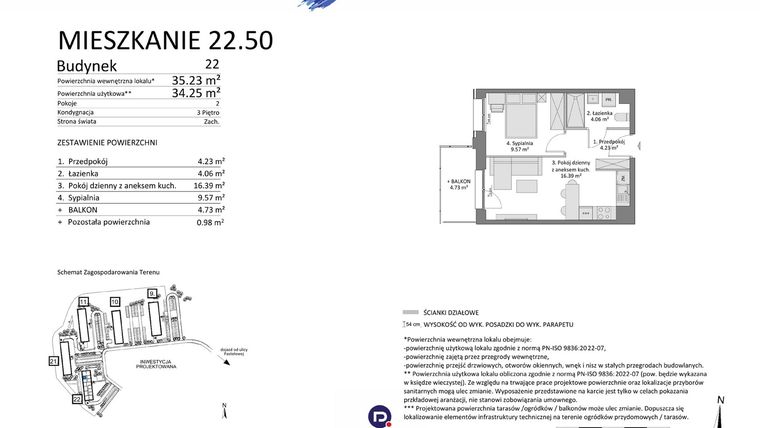 Rzut - Mieszkanie na sprzedaż 2 pokoje o powierzchni 34,25 m² - numer 22.50 w Osiedle Pastelowe etap IV