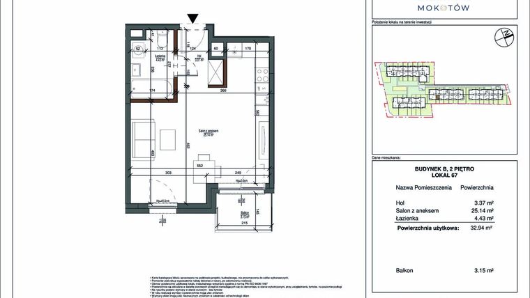 Rzut - Mieszkanie na sprzedaż 1 pokój o powierzchni 32,94 m² - numer 67 w Aura Mokotów II