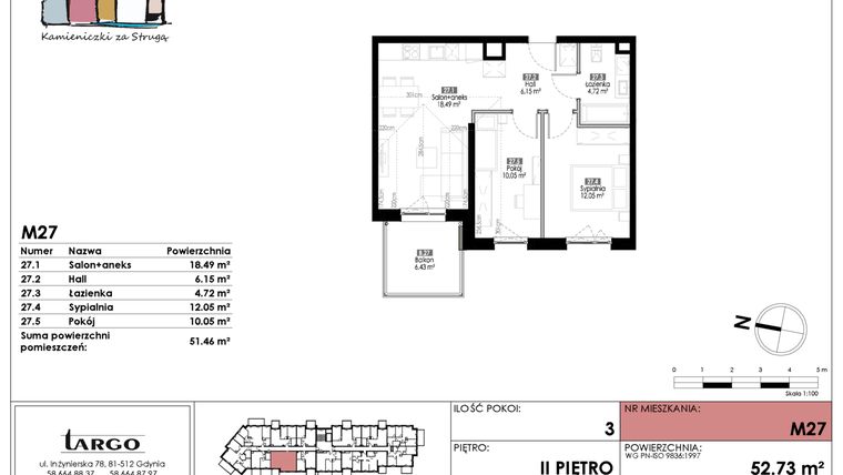 Rzut - Mieszkanie na sprzedaż 3 pokoje o powierzchni 51,46 m² - numer M27 w Kamieniczki za Strugą