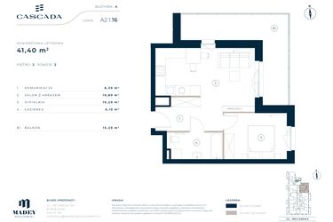 Rzut - Mieszkanie na sprzedaż 2 pokoje o powierzchni 41,4 m² - numer A2.1.16 w Cascada