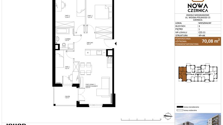 Rzut - Mieszkanie na sprzedaż 4 pokoje o powierzchni 70,08 m² - numer CZ3.11 w Nowa Czernica - etap II
