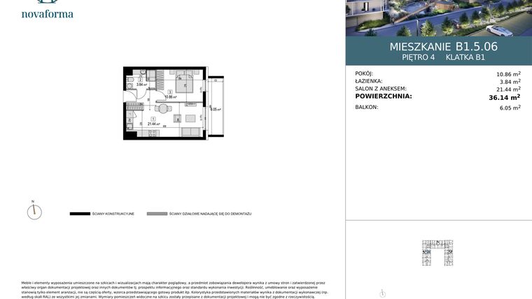 Rzut - Mieszkanie na sprzedaż 1 pokój o powierzchni 36,14 m² - numer B1.5.06 w Novaforma II