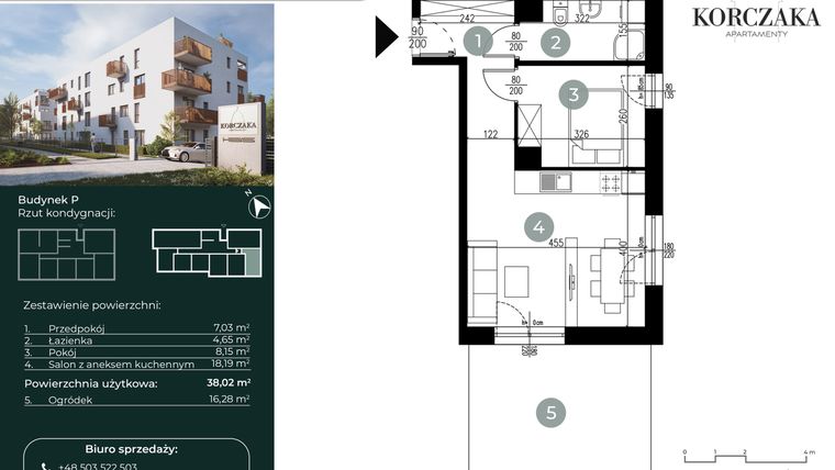 Rzut - Mieszkanie na sprzedaż 2 pokoje o powierzchni 38,02 m² - numer P.I.02 w Korczaka Apartamenty