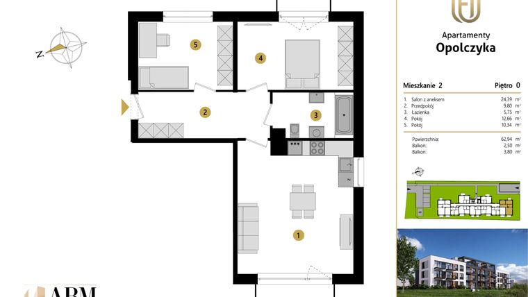 Rzut - Mieszkanie na sprzedaż 3 pokoje o powierzchni 62,94 m² - numer M2 w Apartamenty Opolczyka