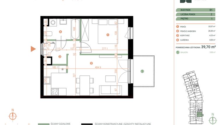 Rzut - Mieszkanie na sprzedaż 2 pokoje o powierzchni 39,7 m² - numer M.01.01 w Casa Feliz Portowa II