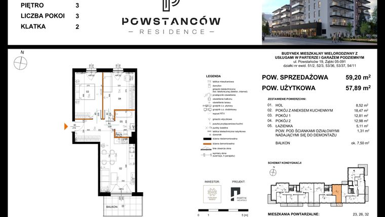 Rzut - Mieszkanie na sprzedaż 3 pokoje o powierzchni 57,89 m² - numer 29 w Powstańców Residence