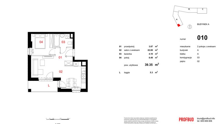 Rzut - Mieszkanie na sprzedaż 2 pokoje o powierzchni 39,35 m² - numer 010 w Osiedle Mocha Tower