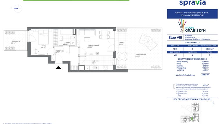 Rzut - Mieszkanie na sprzedaż 2 pokoje o powierzchni 50,52 m² - numer 1245 w Nowy Grabiszyn VIII