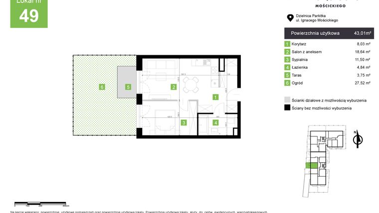 Rzut - Mieszkanie na sprzedaż 2 pokoje o powierzchni 43,01 m² - numer M49 w Nowa Częstochowa Mościckiego