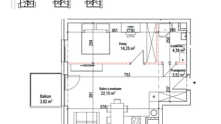Rzut - Mieszkanie na sprzedaż 2 pokoje o powierzchni 44,13 m² - numer 20 w Łowicka 25