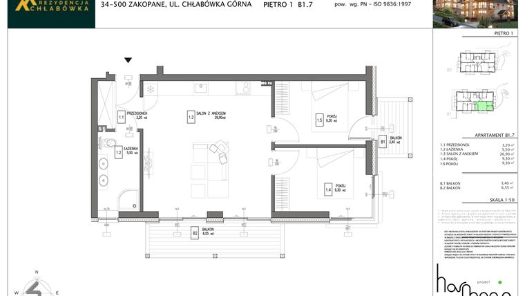 Rzut - Mieszkanie na sprzedaż 3 pokoje o powierzchni 54,2 m² - numer B1.7 w Rezydencja Chłabówka
