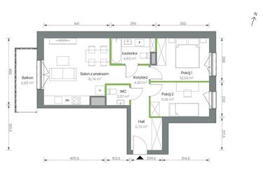 Rzut - Mieszkanie na sprzedaż 3 pokoje o powierzchni 55,82 m² - numer 3/B/4/80 w Oliwska Vita