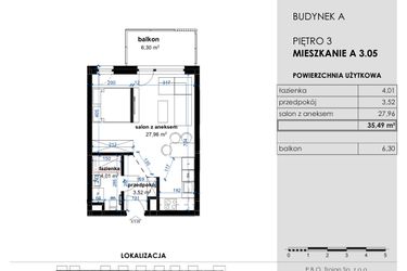 Rzut - Mieszkanie na sprzedaż 1 pokój o powierzchni 35,49 m² - numer A 3.05 w Osiedle Kwiatowe