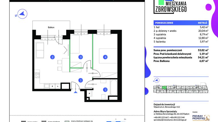 Rzut - Mieszkanie na sprzedaż 3 pokoje o powierzchni 54,21 m² - numer 123 w Mieszkania Zbrowskiego