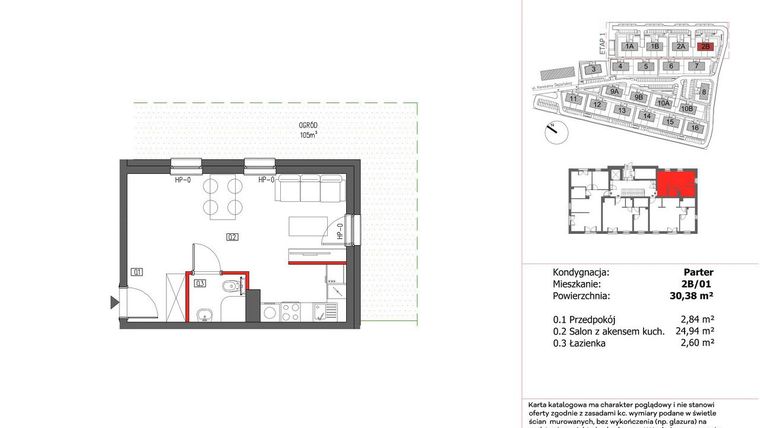 Rzut - Mieszkanie na sprzedaż 1 pokój o powierzchni 30,38 m² - numer 2B/01 w Panorama Ślężańska