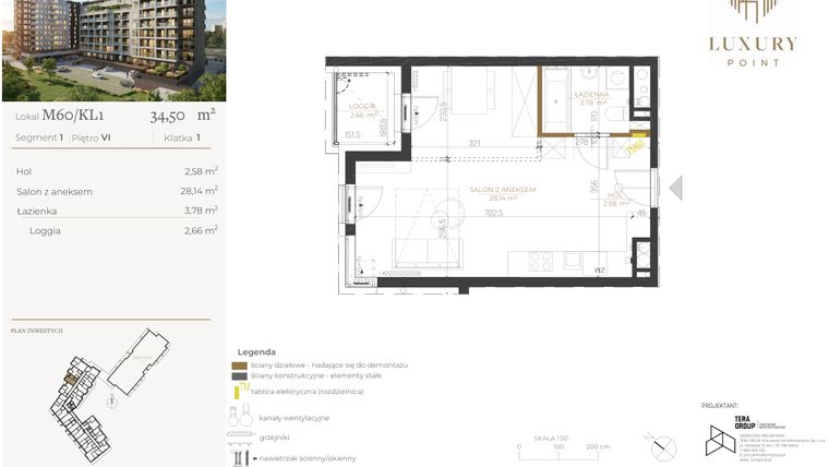 Rzut - Mieszkanie na sprzedaż 1 pokój o powierzchni 34,5 m² - numer M60/KL1 w LUXURY POINT
