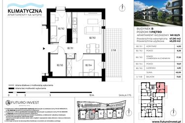 Rzut - Mieszkanie na sprzedaż 3 pokoje o powierzchni 45,9 m² - numer B2/9 w Apartamenty Klimatyczna