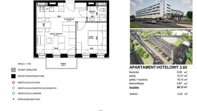 Rzut - Mieszkanie na sprzedaż 2 pokoje o powierzchni 38,07 m² - numer 305 w Apartamentowiec Zwycięska 3 - inwestycyjne