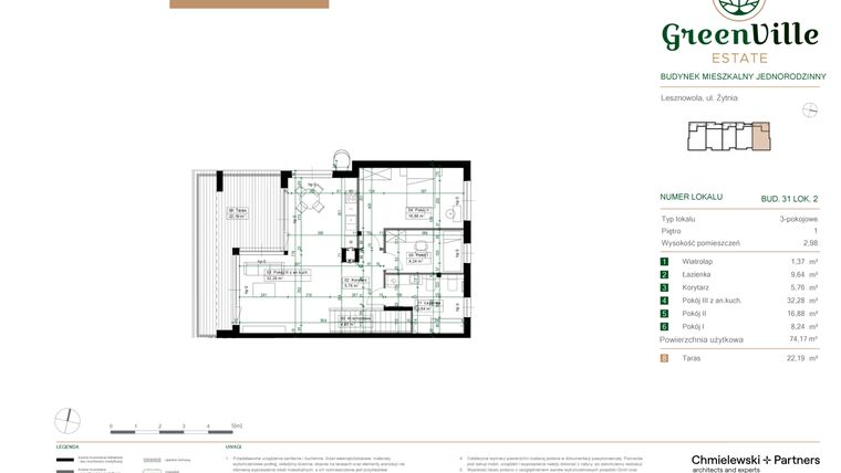 Rzut - Mieszkanie na sprzedaż 3 pokoje o powierzchni 74,17 m² - numer 31.2 w Green Ville