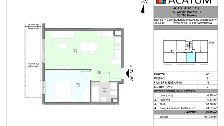 Rzut - Mieszkanie na sprzedaż 2 pokoje o powierzchni 45,67 m² - numer A1.19 w Wawer Go 2.0